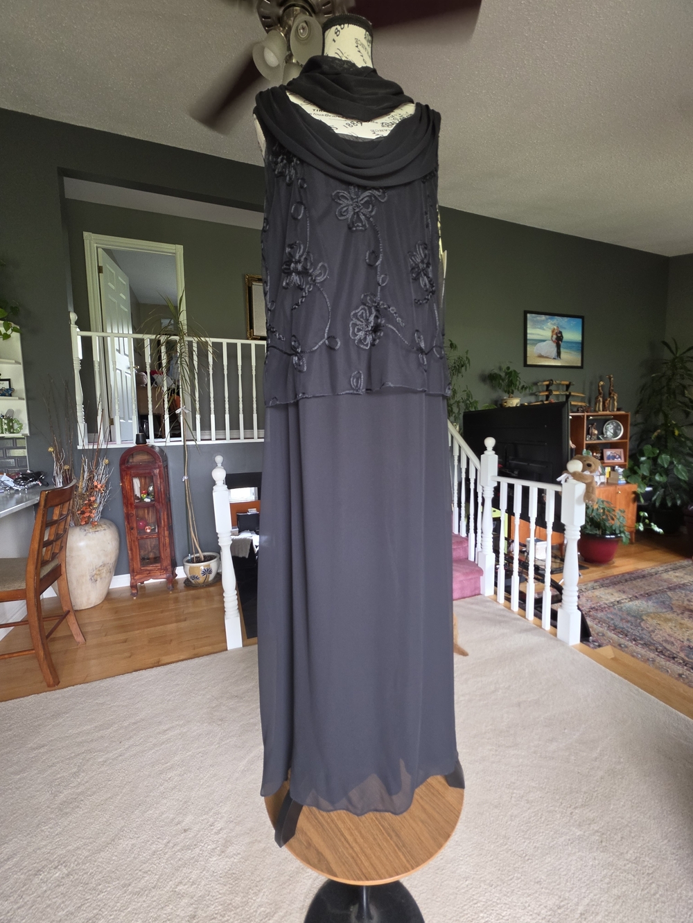 Classic Black Embroidered Maxi Dress with Draped Overlay